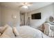 Cozy bedroom featuring a ceiling fan, wall-mounted TV, and stylish vanity with plush bedding at 1226 Clingman Dr, Fort Mill, SC 29715