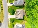 Aerial view of the home showing the roof, backyard, surrounding trees, and proximity to the street at 14818 Hawick Manor Ln, Pineville, NC 28134