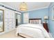 Stylish bedroom with blue walls, a sliding-door closet, and a comfortable bed at 200 Port Royal Dr, Matthews, NC 28105