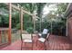 Wood deck surrounded by lush greenery features outdoor seating and space for entertaining at 516 Northgate Ave, Charlotte, NC 28209