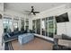 This outdoor patio features plenty of seating, a television, and large windows at 11015 Benjamin Smith Ave, Huntersville, NC 28078