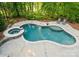 Aerial view of a backyard swimming pool with spa and lounge area, set amidst lush greenery and mature trees at 200 Royalton Pl, Huntersville, NC 28078