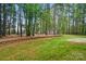 Beautiful backyard with a manicured lawn, tall trees, defined by a retaining wall and concrete patio area at 212 Kilborne Rd, Mooresville, NC 28117