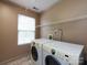 This laundry room features side-by-side washer and dryer with storage shelf and natural light at 2316 Highland Park Dr, Charlotte, NC 28269