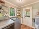 Efficient laundry area with modern washer and dryer, shelving, and exterior access at 3232 Kale Ln, Matthews, NC 28105