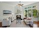 Bright living room with modern decor, fireplace, and large windows offering a scenic view at 404 Brookridge Dr, Mount Holly, NC 28120
