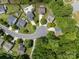 Aerial view showcasing the property's location in a peaceful community with lush greenery and neighborhood pool at 4219 Shasta Cir, Clover, SC 29710