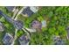 Birds-eye view showing neighborhood, with lush trees, manicured lawns, circular driveway, and pool at 7600 Brookmont Ln, Waxhaw, NC 28173