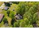 Aerial view reveals a home surrounded by dense green trees on a spacious property with neighboring houses nearby at 109 Wren Ln, Mooresville, NC 28117