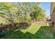 Well-maintained backyard with a manicured lawn, brick wall, and inviting landscaping at 1511 Elkhart Cir, Gaston, NC 28054