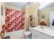 Bathroom featuring a vanity, neutral wall color, and a shower tub with a decorative curtain at 1511 Elkhart Cir, Gaston, NC 28054