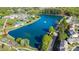 Stunning aerial view of townhomes and a community area nestled by a serene lake at 158 Water Oak Dr, Pineville, NC 28134