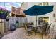 Fenced in patio features a brick surface and outdoor furniture with large umbrella at 158 Water Oak Dr, Pineville, NC 28134
