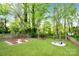The backyard features a firepit area, raised garden beds and lush green space at 2121 Arnold Dr, Charlotte, NC 28205