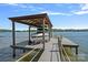 Modern boat dock with a covered slip, providing convenient water access and waterfront recreation opportunities at 4109 Arbor Spring Ct, Belmont, NC 28012