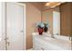 Bathroom with white cabinets, solid surface vanity, and a vase of blue hydrangeas at 503 Kinsey Creek Ct, Rock Hill, SC 29730