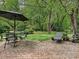 Lush backyard featuring a brick patio with outdoor seating and views of the wooded surroundings at 6420 Saint John Ln, Charlotte, NC 28210