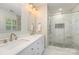 Bright bathroom with double vanity, a glass shower, and modern fixtures at 6634 Rocky Falls Rd, Charlotte, NC 28211