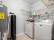 Functional laundry room featuring washer, dryer, water heater, water filter, and ample storage shelving at 7220 Spring Morning Ln, Charlotte, NC 28227
