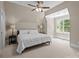 Neutral bedroom featuring a ceiling fan, bedside lamps, and a large window, creating a calm and inviting space at 914 Elizabeth Ln, Matthews, NC 28105