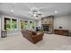 Spacious living room with stone fireplace, ceiling fan, and large windows offering scenic views at 914 Elizabeth Ln, Matthews, NC 28105