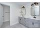 Modern bathroom with double vanity, gray cabinets, black hardware, and contemporary mirrors at 1033 Harrogate Dr, Bessemer City, NC 28016