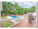 View from a pool deck overlooking a sparkling in-ground pool and private backyard at 1228 Quiet Acres Rd, Rock Hill, SC 29732