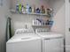 Functional laundry room with washer and dryer and shelving stocked with cleaning supplies at 1347 Mifflin Ln, Dallas, NC 28034