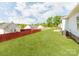 The grassy backyard is fully fenced with a view of the neighborhood and surrounding trees at 15 Wright St, Rock Hill, SC 29730