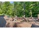 Inviting back deck featuring a fire pit and comfortable rocking chairs surrounded by lush greenery at 15210 Pavilion Valley Cir, Huntersville, NC 28078