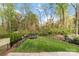 Fully fenced backyard featuring lush lawn, mature trees, trampoline, and soccer goal for Gathering enjoyment at 1921 Brandon Cir, Charlotte, NC 28211