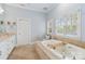 Bathroom features a soaking tub, a toilet, a sink, and bright natural light at 1921 Brandon Cir, Charlotte, NC 28211