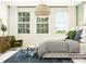 A view of the staged main bedroom, with three windows, a decorative light fixture, and a comfortable chair at 4567 Potters Wheel Dr, Fort Mill, SC 29715