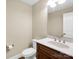 Half bathroom featuring a pedestal sink with granite countertop and toilet at 575 Hill Rd, Lincolnton, NC 28092