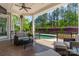 Covered patio with an outdoor heater and an outdoor sofa that faces the pool at 125 Swayne Dr, Mooresville, NC 28117