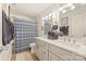 Well-lit bathroom with double vanity, modern fixtures, and coordinated blue towels and shower curtain at 235 Commodore Loop, Mooresville, NC 28117