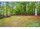 Lush wooded backyard with healthy grass and tree coverage and an outdoor fireplace at 109 Canterbury Ln, Matthews, NC 28104