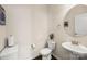 Bathroom features a white toilet and sink, with decorative painting in the background at 269 Keating Place Dr, Fort Mill, SC 29708