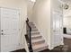 Carpeted staircase with black metal railing between a white door and partial view of the living room at 269 Keating Place Dr, Fort Mill, SC 29708