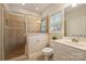 Bathroom featuring a tiled shower, neutral colored tile flooring and a vanity with a sink at 272 Harbor Ridge Dr, Statesville, NC 28677