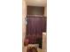 Compact bathroom with a floral shower curtain, dark wall and a neutral-toned floor, blending functionality with style at 426 Summer Ridge Rd, Stanley, NC 28164