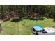 Backyard view of an above-ground pool surrounded by a lush green lawn and tall trees at 5381 Mount Carmel Rd, Heath Springs, SC 29058