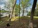 Scenic backyard view with mature trees and a glimpse of the lake and a boat dock at 1224 Island Creek Dr, Troy, NC 27371