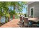Back deck with wooden furniture, metal railings, and a view of the lake at 234 Winding Shore Rd, Troutman, NC 28166