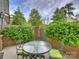 Lush outdoor patio featuring a dining set surrounded by verdant greenery and enclosed by brick walls for privacy at 2616 Colton Dr, Charlotte, NC 28211