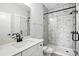 Modern bathroom featuring white cabinets and unique tile shower at 3214 Mcharney Dr # 34, Harrisburg, NC 28075