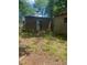 Dilapidated shed with brown siding and white door surrounded by overgrown vegetation at 433 E Geroid St, Salisbury, NC 28144