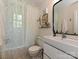 Bright bathroom with modern fixtures, a vanity, and decorative shower curtain at 557 Wakefield Dr # A, Charlotte, NC 28209