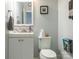 Charming powder room featuring a white vanity, stylish wall accents, and a convenient toilet, maximizing space at 653 Gable Oaks Nw Ln, Concord, NC 28027