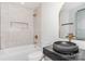 Modern bathroom with a vessel sink, a gold-trimmed mirror, and a tiled shower/tub combo for a luxurious feel at 1314 Eddie St, Gastonia, NC 28054